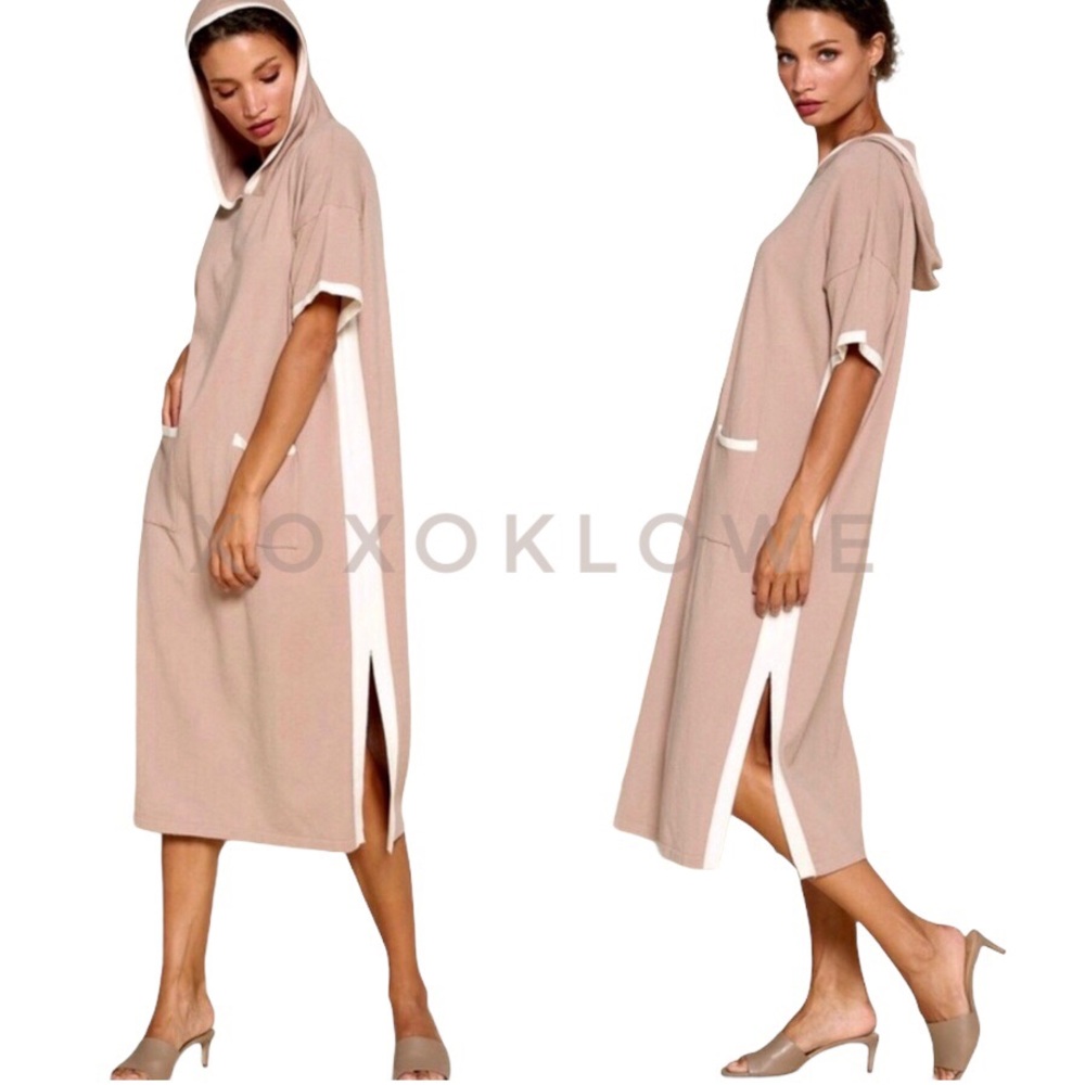 SALE Taupe Soft Knit Sporty Hooded Sweater Dress - Picture 2 of 7